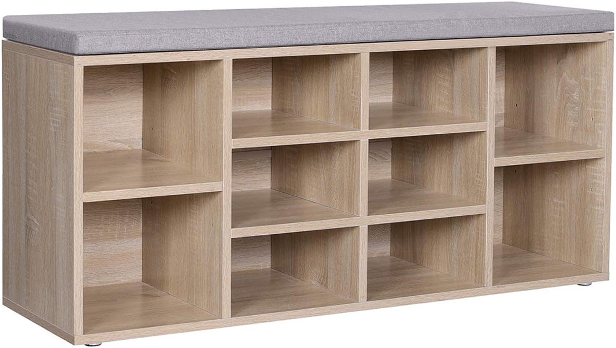 Opbergkast Schoenenbank Schoenenrek met 10 vakken en zacht kussen 104x30x48 cm Natuurlijke kleur Comfortabel zitkussen Verstelbare opbergruimte Voor hal en slaapkamer (4255839496913)
