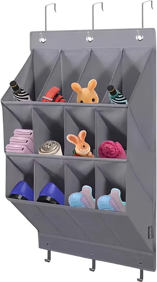 Opbergvakken achter de deur - Schoenenrek over de deur - Hangende schoenenorganizer - 12 vakken diep - Hangende organizer - Hangend schoenenrek met 3 niveaus - Schoenenorganizer over de deur - Aan de muur bevestigd - Grijs (9389495695740)