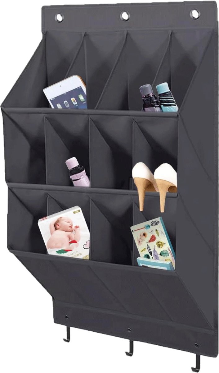 Opbergvakken achter de deur - Schoenenrek over de deur - Hangende schoenenorganizer - 12 vakken diep - Hangende organizer - Hangend schoenenrek met 3 niveaus - Schoenenorganizer over de deur - Aan de muur bevestigd - Zwart (9389495695757)