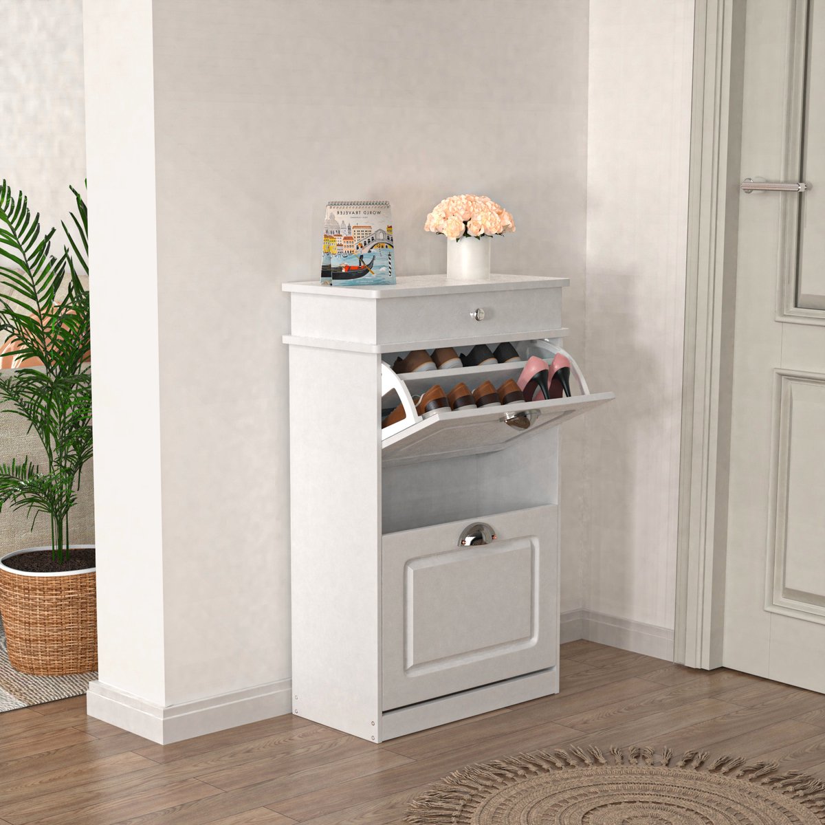 PIPIPOXER- Schoenenkast met 2 kleppen - Schoenenbank - Schoenenrek -53x22x85cm, Wit (7732987965975)