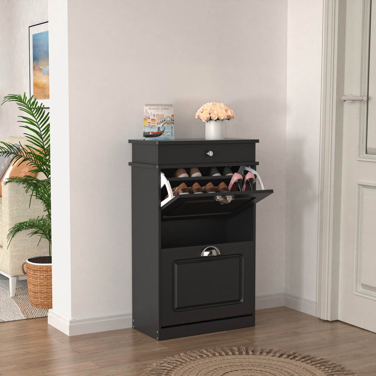 PIPIPOXER- Schoenenkast met 2 kleppen - Schoenenbank - Schoenenrek -53x22x85cm, Zwart (7732987967016)