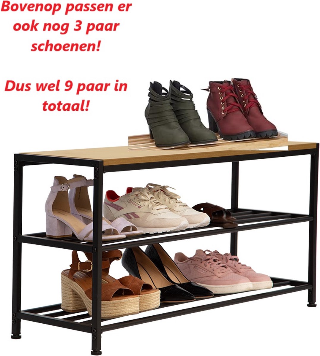 Practo Home - Schoenenrek 6 tot 9 paar - zwart met houten blad - eenvoudige montage (5414045047695)
