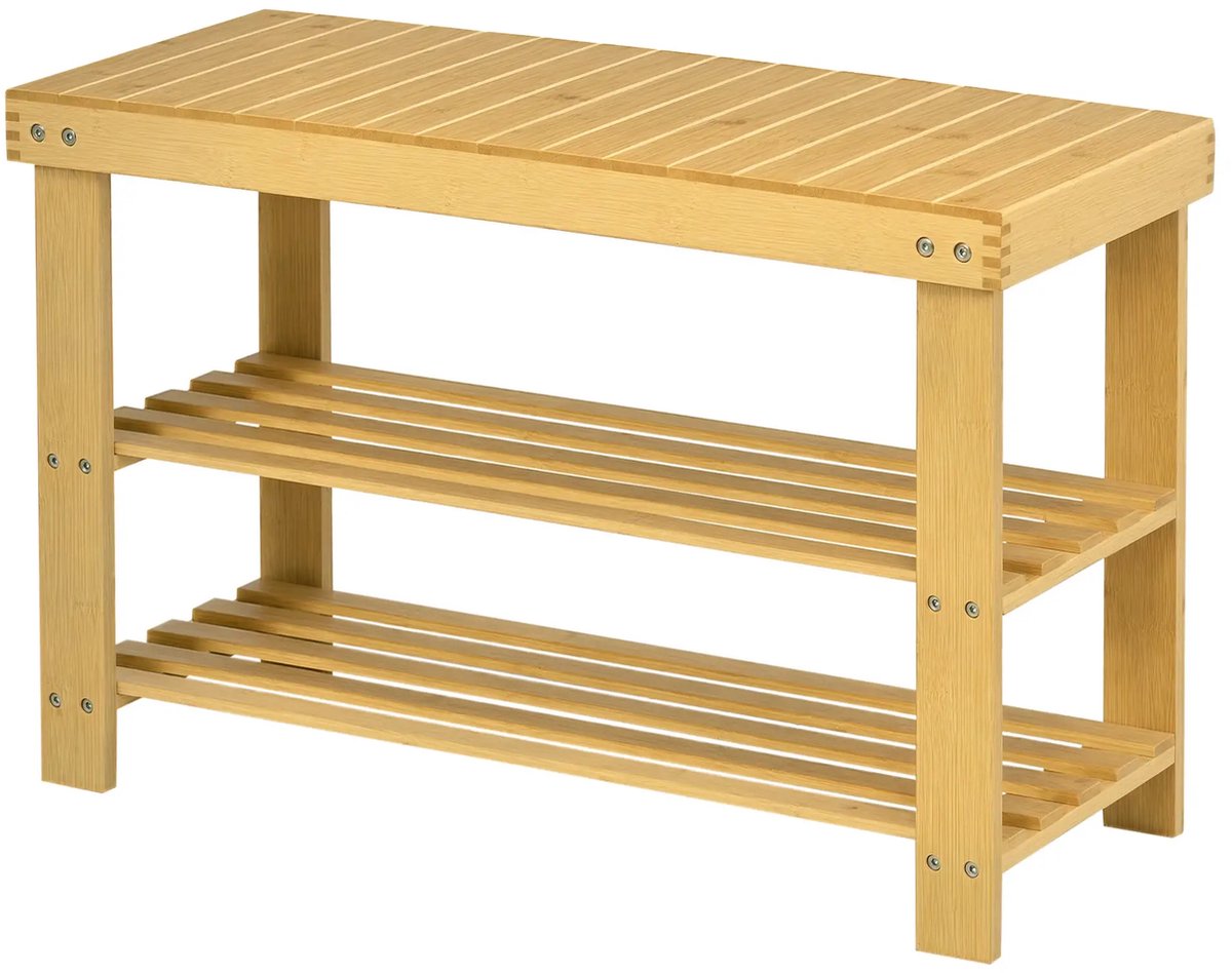 Pugsdrly Schoenenbank, 3 lagen, ruimte voor 6-9 paar schoenen, tot 130 kg, bamboe, 70 x 28 x 45 cm (6085432232377)