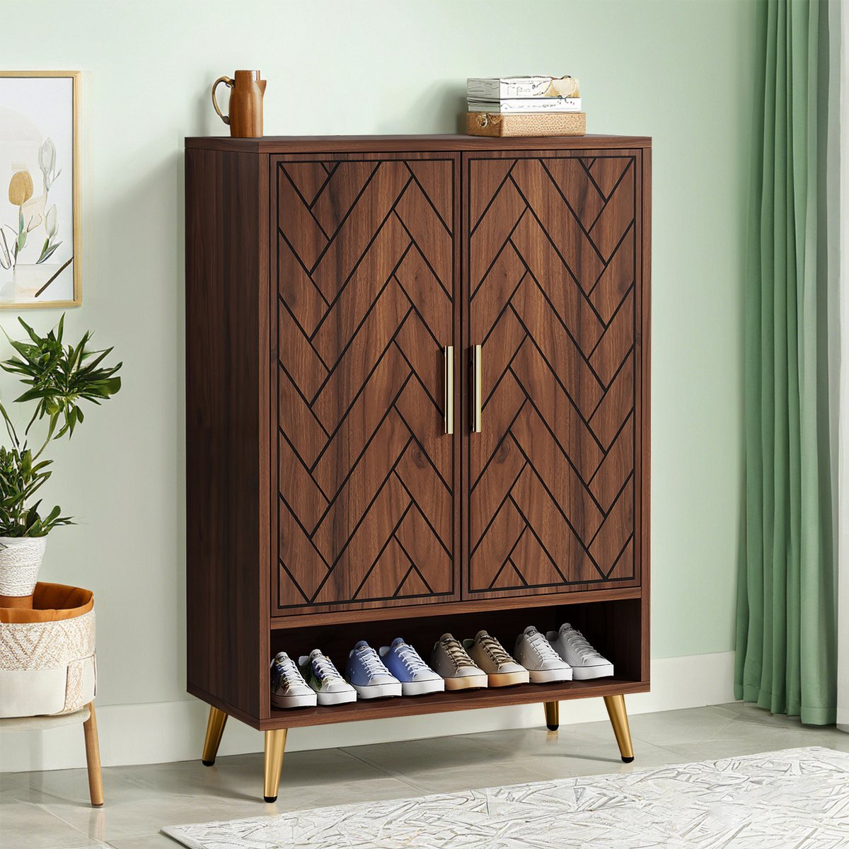 Pugsdrly Schoenenkast met 2 deuren, 75 x 37 x 110 cm, schoenenrek, schoenenkast voor 25 paar schoenen, smalle houten plank, organizer voor de hal, gangkast, woonkamer (notenhout) (6085432652076)