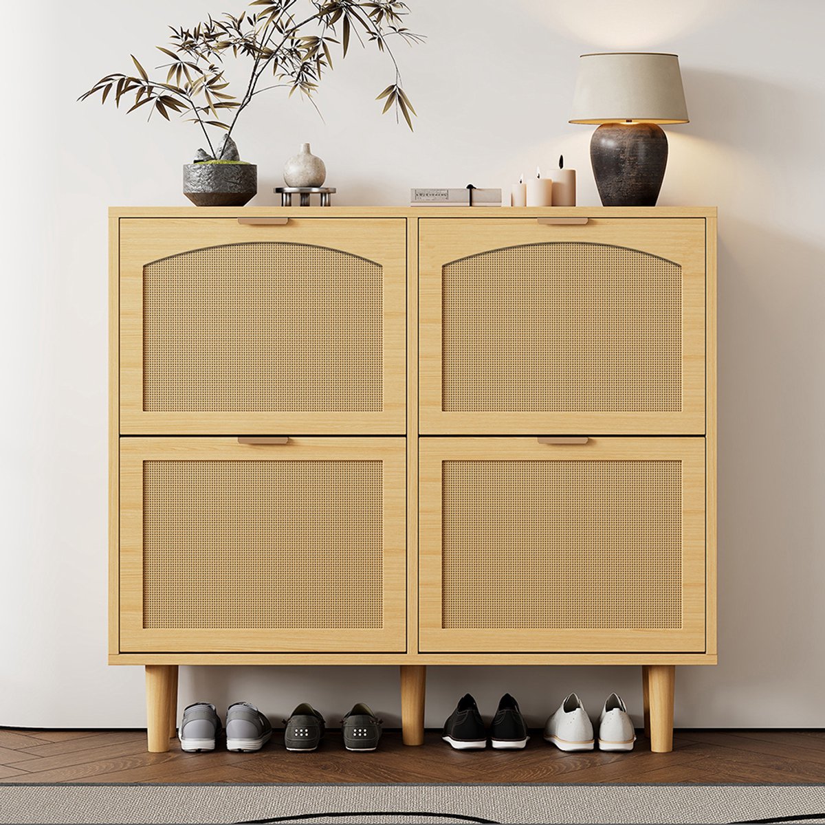 Pugsdrly Schoenenkast met 4 klaplades, rotan schoenenkast met metalen handgrepen, schoenenrek voor de gang, slaapkamer, appartement, houten meubels, landhuisstijl, afmetingen: 100 x 25 x 90 cm (6098964636025)