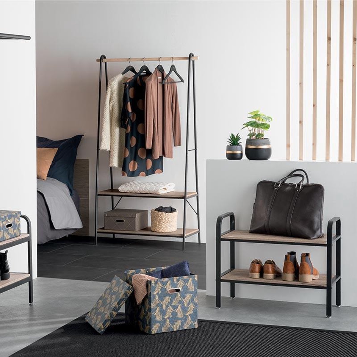 Range schoenen houten en metaal 71x34x57 cm - zwart - Metaal|Hout - Zwart - SILUMEN (7427245533309)