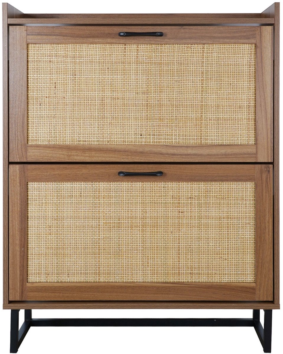 Rattan Schoenenkast 80×24×101,5 cm Houtkleur Opbergkast PB Zwarte Metalen Poten Dubbele Deur Opbergkast Japandi Stijl (4255839499495)