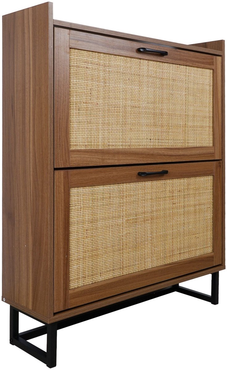 Rattan Schoenenkast 80×24×101,5 cm Opbergkast Houtkleur PB Zwarte Metalen Poten Dubbele Deur Opbergkast Japandi Stijl (4255901409261)