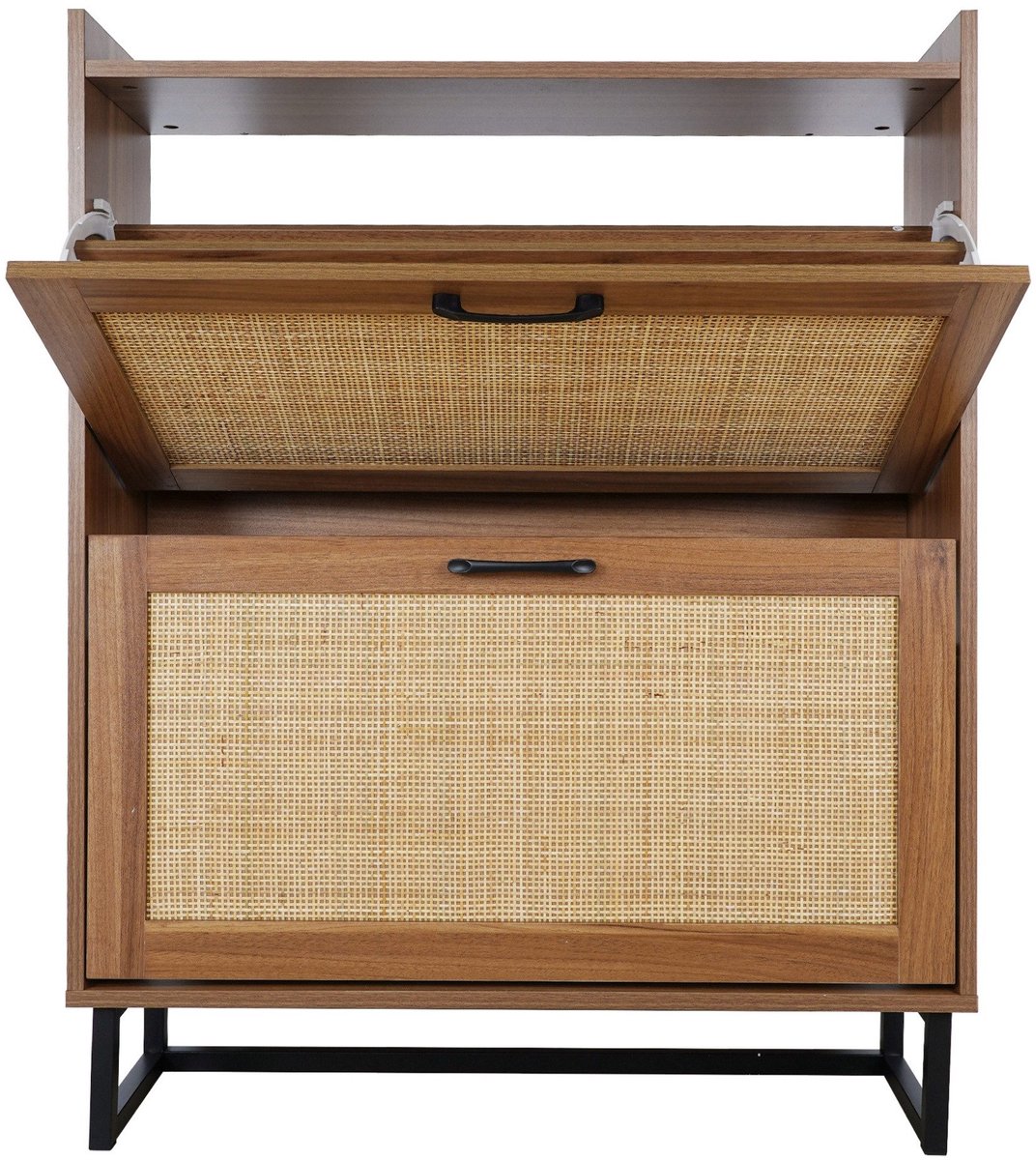 Rattan Schoenenkast 80×24×101,5 cm Opbergkast PB Zwarte Metalen Poten Dubbele Deur Opbergkast Japandi Stijl Houtkleur (4255890948963)