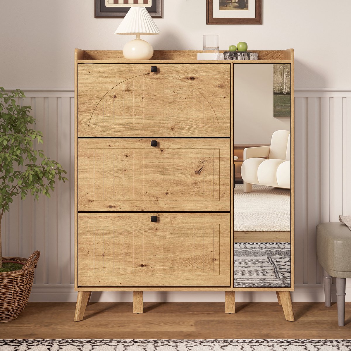 Re-purelife® Modern Hoge Schoenenkast - Smalle Opbergkast - Grote Spiegel Optische Ruimtevergroting - Ruimtebesparend Kastje voor Hal of Gang 137.5x110x24 cm - Natuurlijke Look (9331868539267)