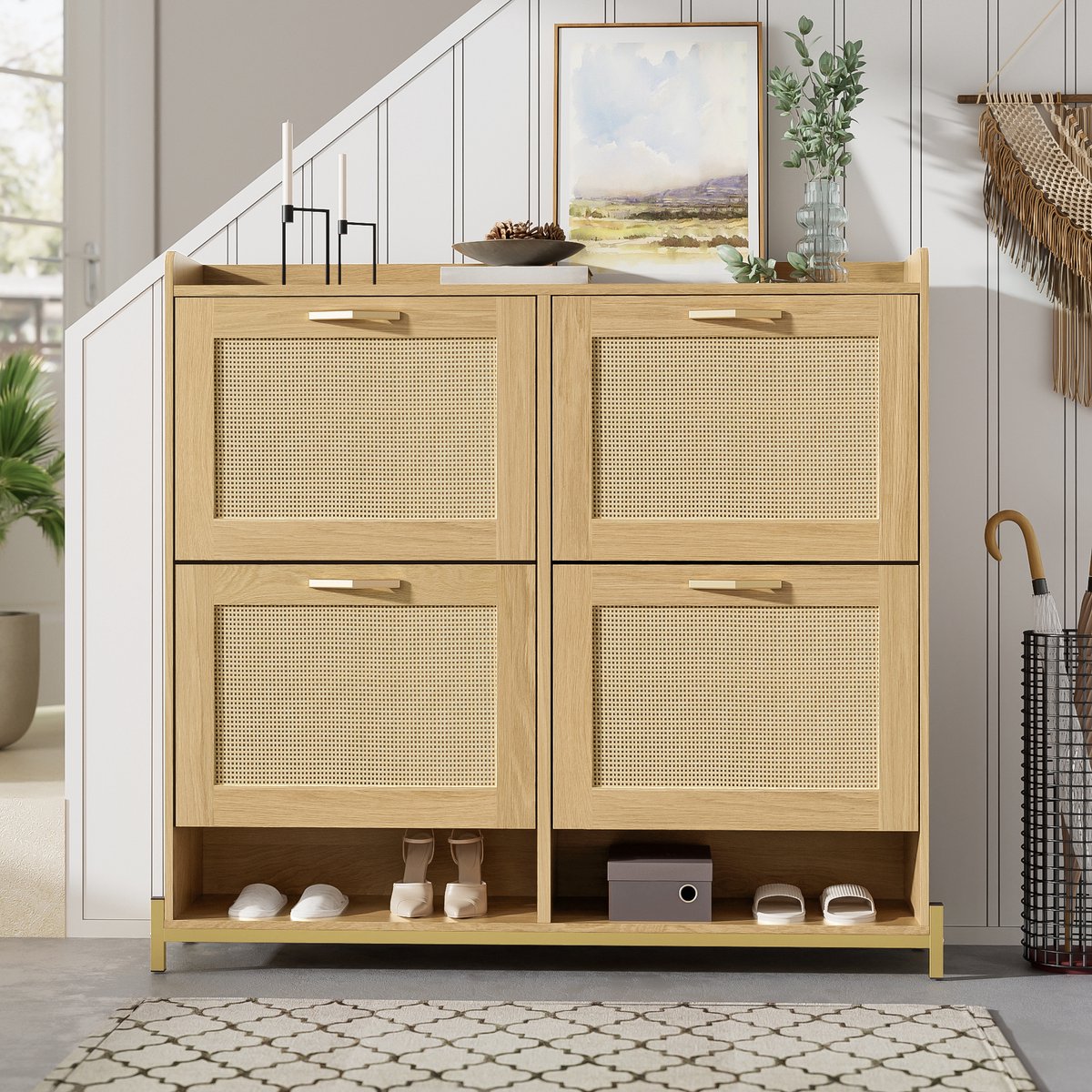 Re-purelife® Modern Schoenenkast Smal - Hoge Schonen Opbergkast - Ruimtebesparend Kastje voor Hal of Gang 108.5x24x100 cm - Licht Eiken (9331868539212)