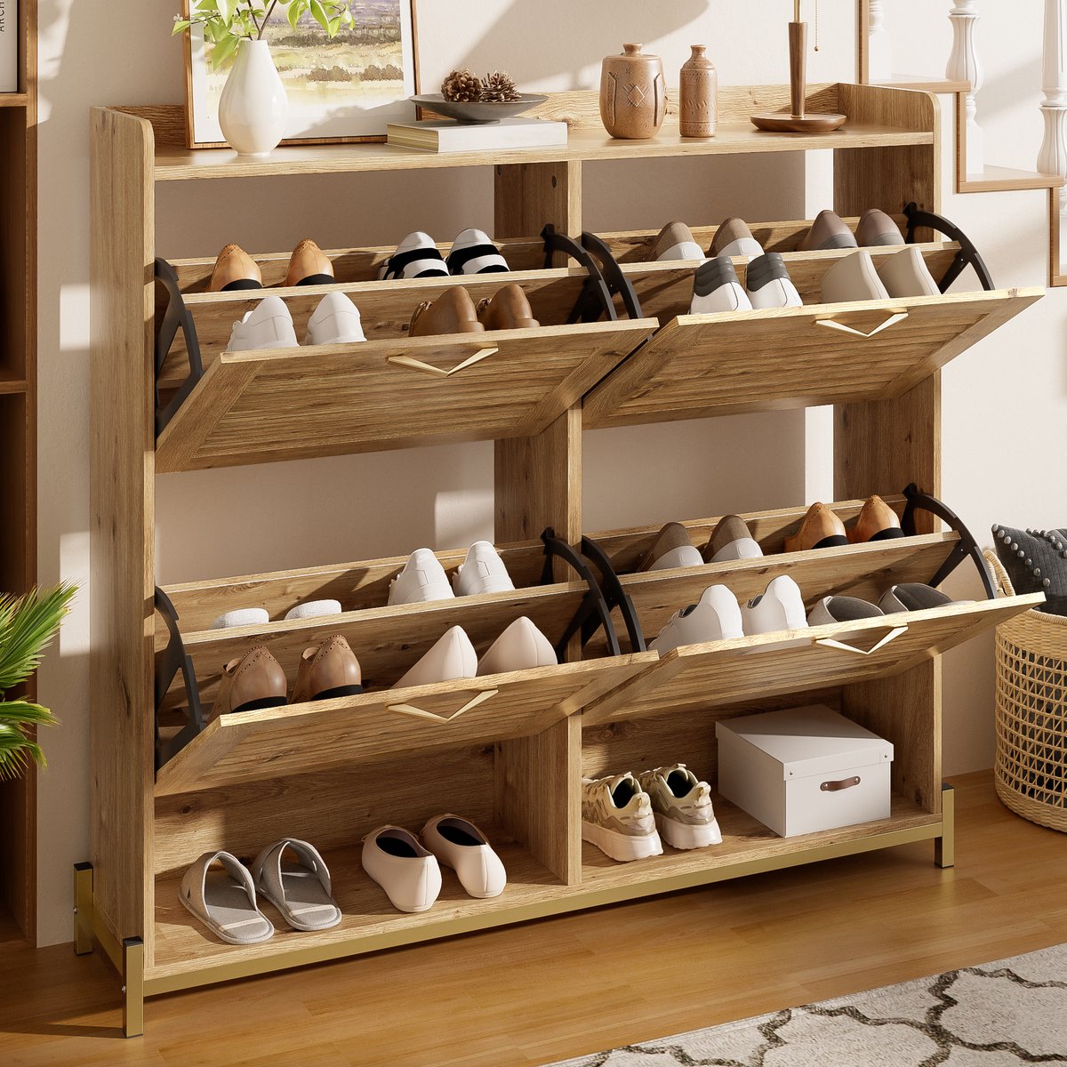 Re-purelife® Schoenenkast met Houten Latten Deuren - Landelijk en Modern Design - Smalle Hoge Opbergkast - Multifunctioneel Kastje voor Hal of Gang - 108.5x24x100 cm - Natuurlijk Houtlook (9331868539236)