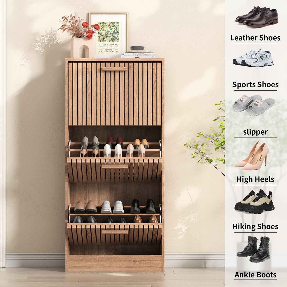 Rotan schoenenkast - Perfect voor smalle doorgangen - 3 schuine deuren - Handgrepen in houtstijl - Ademende panelen,voor entrees/gangen/slaapkamers (4803387690804)