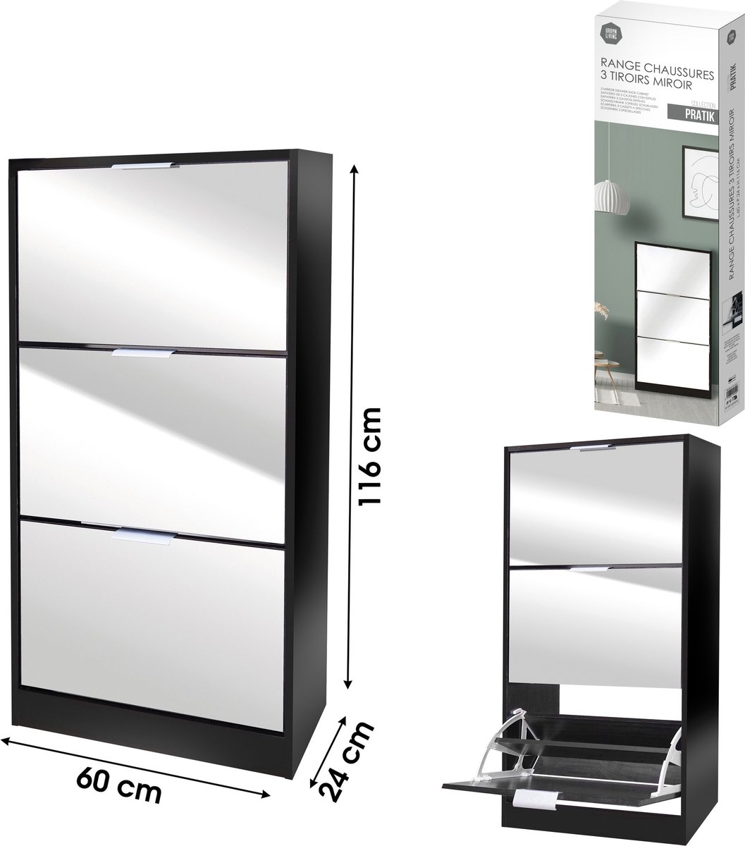 SCHOENENREK 3 ZWARTE LADES MET SPIEGELHOUDER 60X24X116CM (5414884001520)