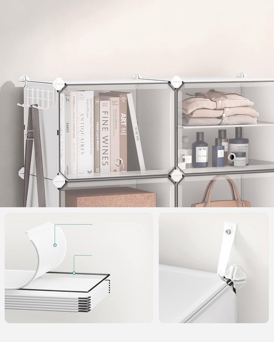 SONGMICS Schoenenrek met 8 vakken, schoenenkast, 30 x 40 x 30 cm per vak, smal, met deuren, stalen frame, kunststof, voor hal, slaapkamer, entree, wit LPC034W01 (6097613439451)