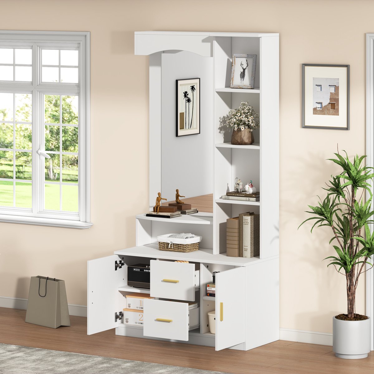 STILVORA Halmeubel - Hal Kast Met Spiegel En Opbergruimte - 2 Deuren 2 Lades Met Open Regalen Voor Decoratie En Schoenen - MDF - 90x40x180 cm - Wit (4070865213187)