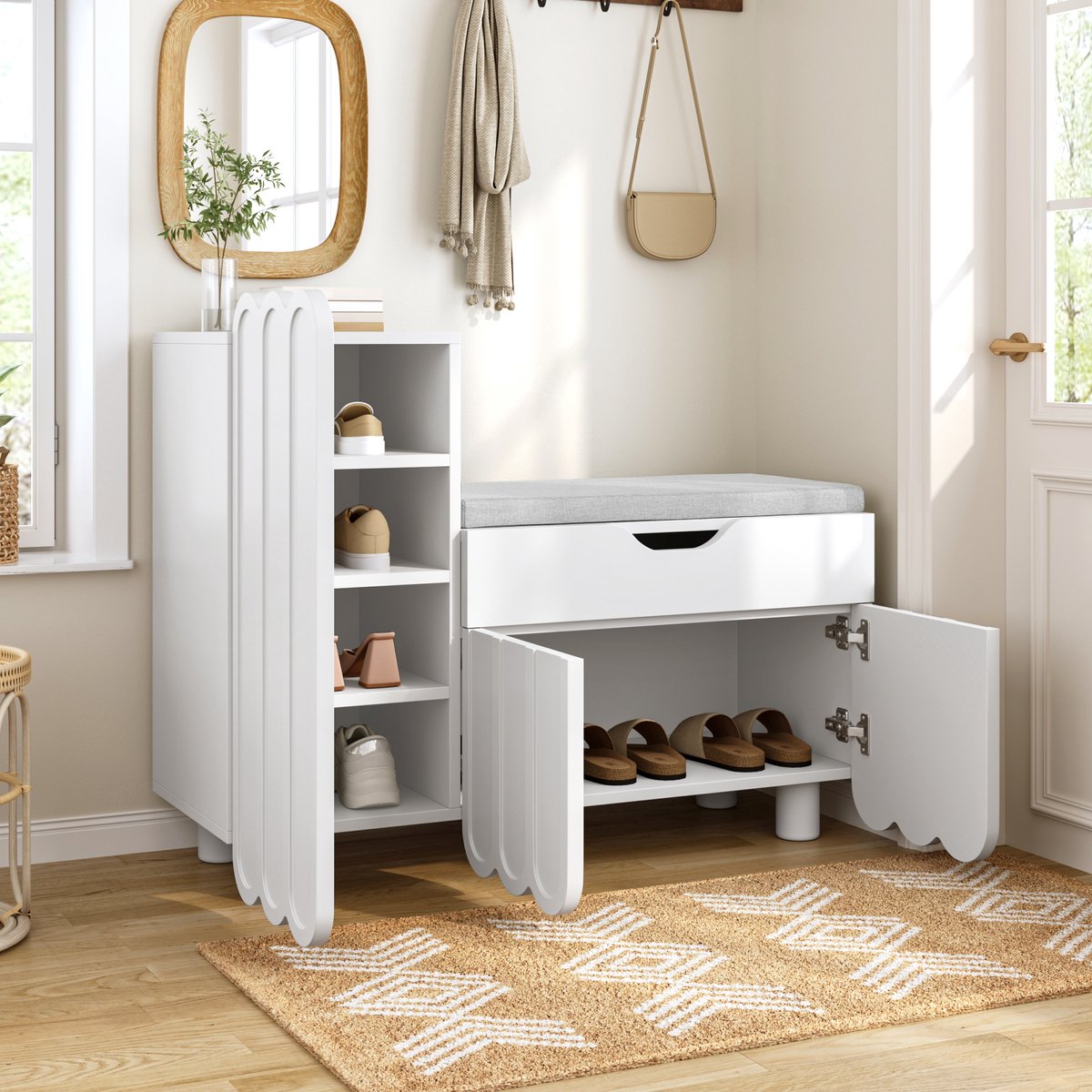 STILVORA Schoenenkast - Modern 3-Deurs Schoenenbank Met Lade En Gepolsterde Zitplek - 3 Deuren 1 Lade Voor Gang En Entree - MDF - 90x35x74,5 Cm - Wit+Grijs (4070865128559)