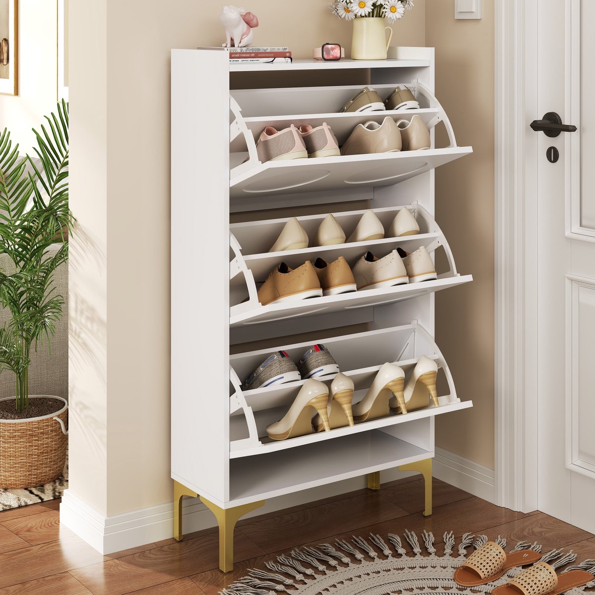 STILVORA Schoenenkast - Modern Minimalistisch 3-Lagen Stofdichte Opbergruimte - Dubbel-Laags Schoenplanken Voor Hal En Slaapkamer - MDF - 63x24x120 cm - Wit (4070865224695)