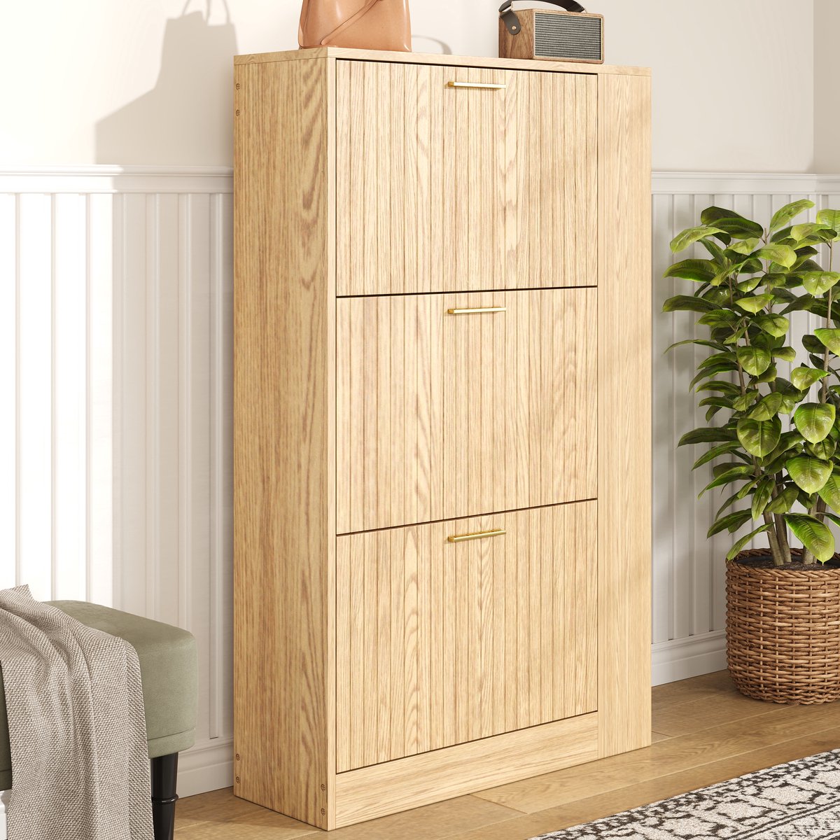 STILVORA Schoenenkast - Modern Minimalistisch Design - 3 Deuren - Ruime Opbergruimte Met Open Vakken - MDF - 70x23,5x115 cm - Naturel (4070865236469)