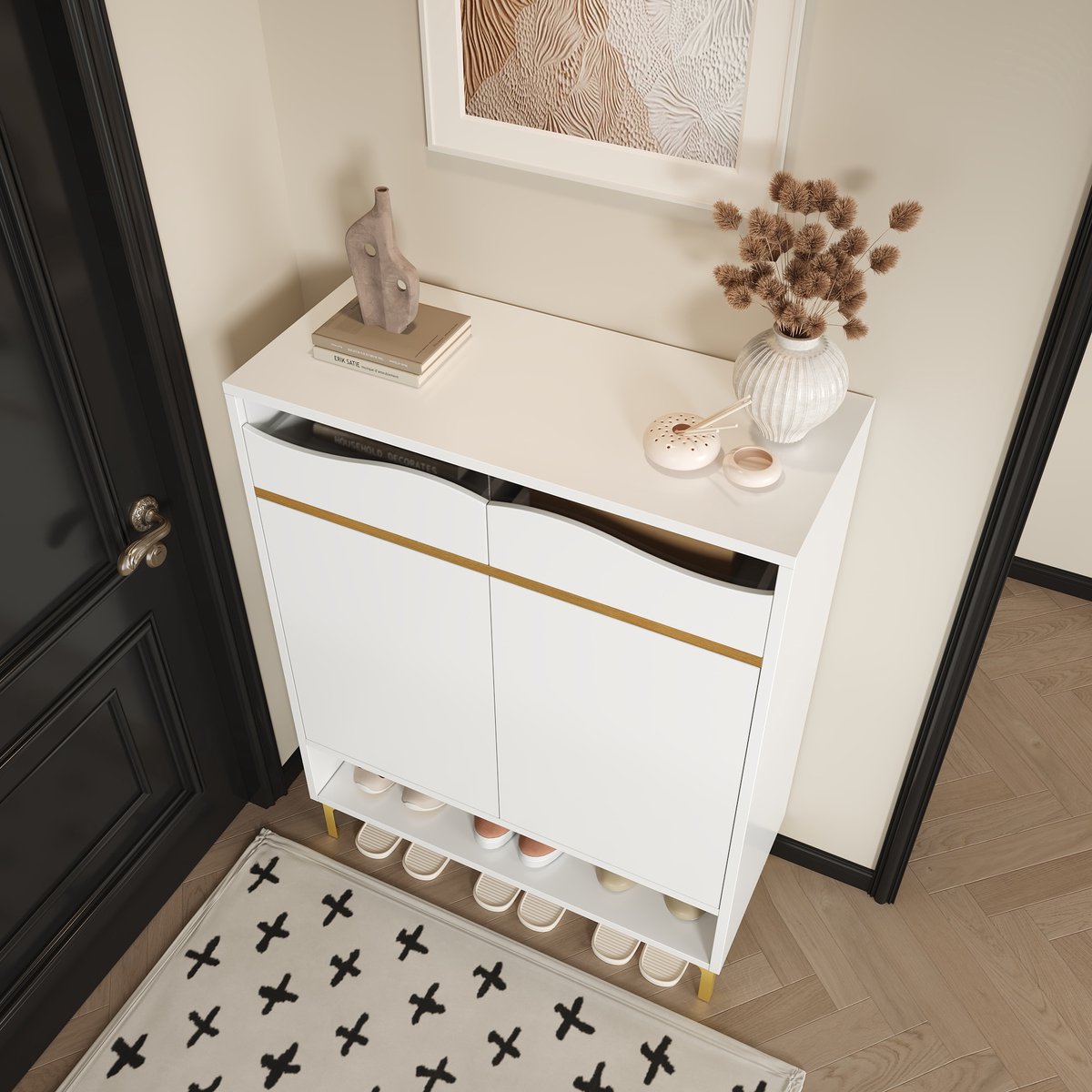STILVORA Schoenenkast - Modern Wit Schoenenkast Met Transparant Acryl Golffront En LED 16 Kleuren - 2 Deuren 2 Laden - MDF;Spaanplaat - 80x35x105 cm - Wit+Goud (4070865159379)