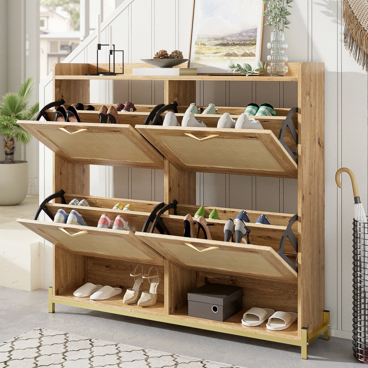 STILVORA Schoenenkast - Ruimtebesparend Met Rattan Deuren - 4 Deuren En Bovenplank - MDF Met Metaal Onderstel - 108,5x24x100 cm - Notenbruin (4070865131122)