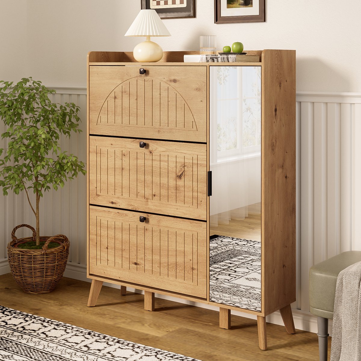 STILVORA Schoenenkast - Scandinavisch Met Spiegel En 3 Klapvakken - Compact Voor Smalle Hal - MDF Met Grenen Poten - 110x24x137,5 cm - Hout (4070865223957)