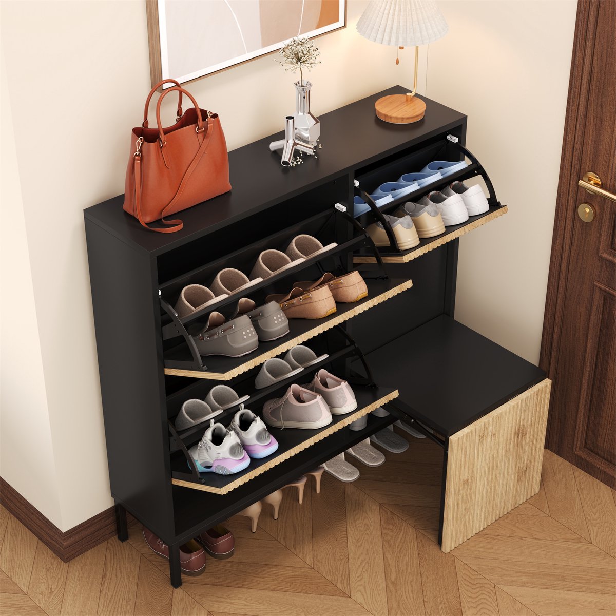 STILVORA Schoenenkast - Slim Opbergmeubel Met Uittrekbare Zitbank En Compartimenten Voor 12-16 Paar Schoenen - MDF - 100x25x100 cm - Zwart+Notenbruin (4070865094854)