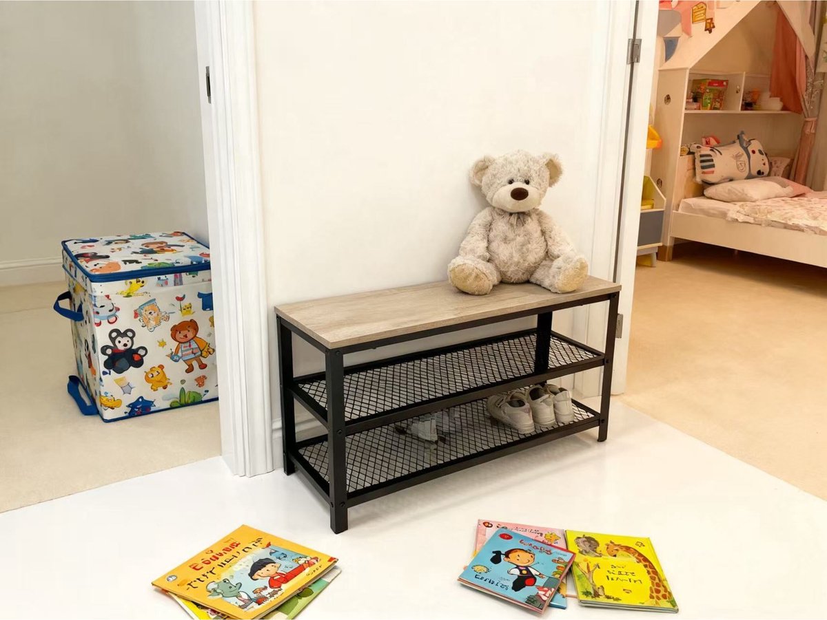 Schoenbank - lichtbruin-zwart - 100x45x30 cm - met opbergruimte (4052025845346)