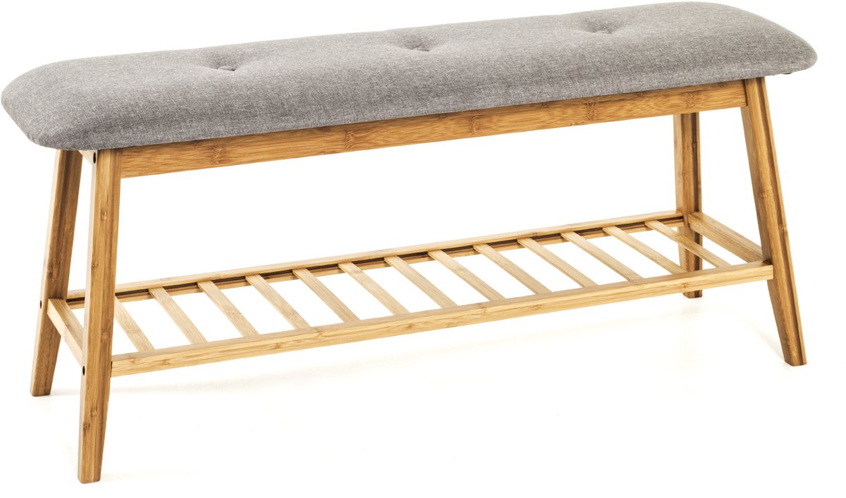 Schoenbank met gestoffeerd zitvlak | Bamboehouten design - Haku - Schoenenrek - Grijs - Hout; Textiel (4001070181381)