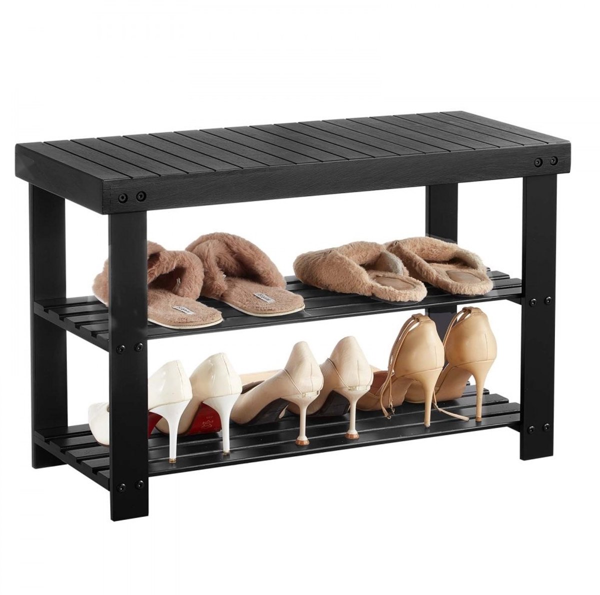 Schoenenbank - 3-Laags Halbank Met Schoenenrek - Bamboe - Draagvermogen 130 kg - 70.3 x 28.8 x 45.1 cm - Zwart (6152726160101)