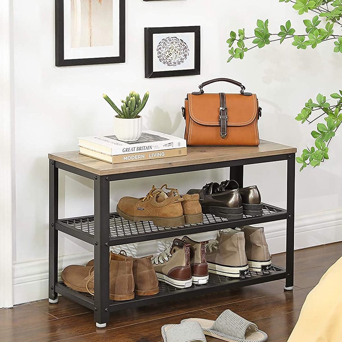 Schoenenbank Bill 2 legplanken - greige/zwart - Vasagle - Schoenenrek - Zwart - Spaanplaat; Staal (6096032526520)