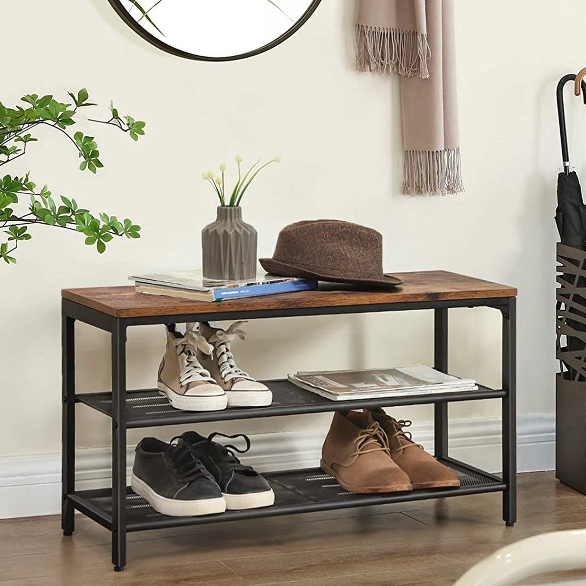 Schoenenbank Brad 2 legplanken - rustiek bruin/zwart - Vasagle - Schoenenrek - Zwart - Spaanplaat; Staal (6096026735761)