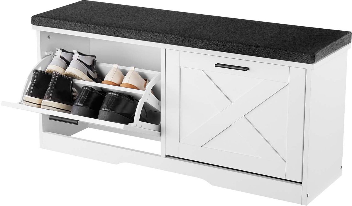 Schoenenbank - Entreebank met schoenenrek - Afmeting 100 x 30,5 x 47,5 cm - Draagvermogen 200 kg - Met zitkussen - Met deuren - Opvouwbare lades - Zwart/Wit (6152743317335)