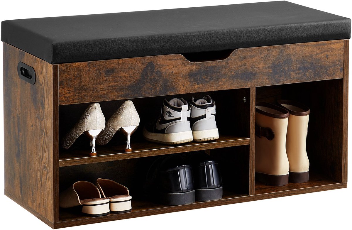 Schoenenbank - Halbank met Schoenenrek - Met Opbergruimte - 3 Vakken - Zitkussen - Draagvermogen 136 kg - 80,5 x 30,5 x 44,5 cm - Zwart (6152743220284)