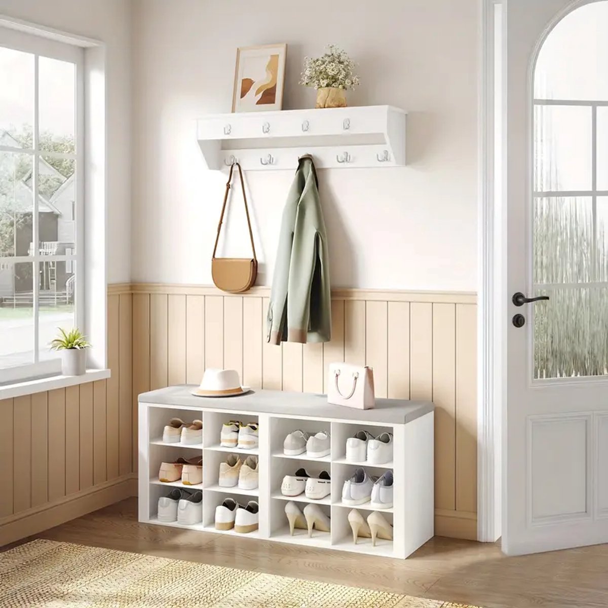 Schoenenbank Met Kussen 104x 49x 30 cm- Wandkapstok met 9 vakken - Voor ingang, hal, slaapkamer - wit en grijs (8785309870067)