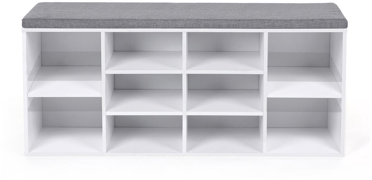 Schoenenbank Schoenenrek 104 x 30 x 48 cm Wit Opbergkast met 10 open vakken en zacht, comfortabel kussen Geschikt voor hal en slaapkamer (4255839496203)