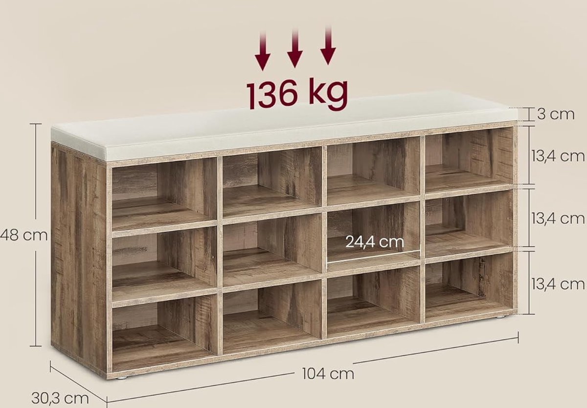 Schoenenbank - Schoenenrek - Halmeubel - Bank Opbergruimte - Vakkenmeubel - 12 Compartimenten - Inclusief Zitkussen - Hout - 30,3x104x48 cm (8721249079535)