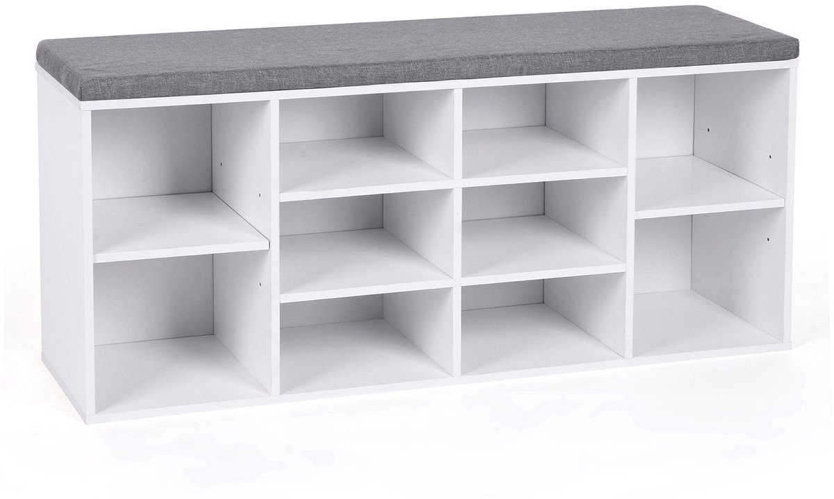 Schoenenbank Schoenenrek Opbergkast 104x30x48 Cm Wit Houten Frame Met 10 Open Vakken En Zacht Comfortabel Kussen Hal Slaapkamer Woonkamer Garderobe (4255890932450)