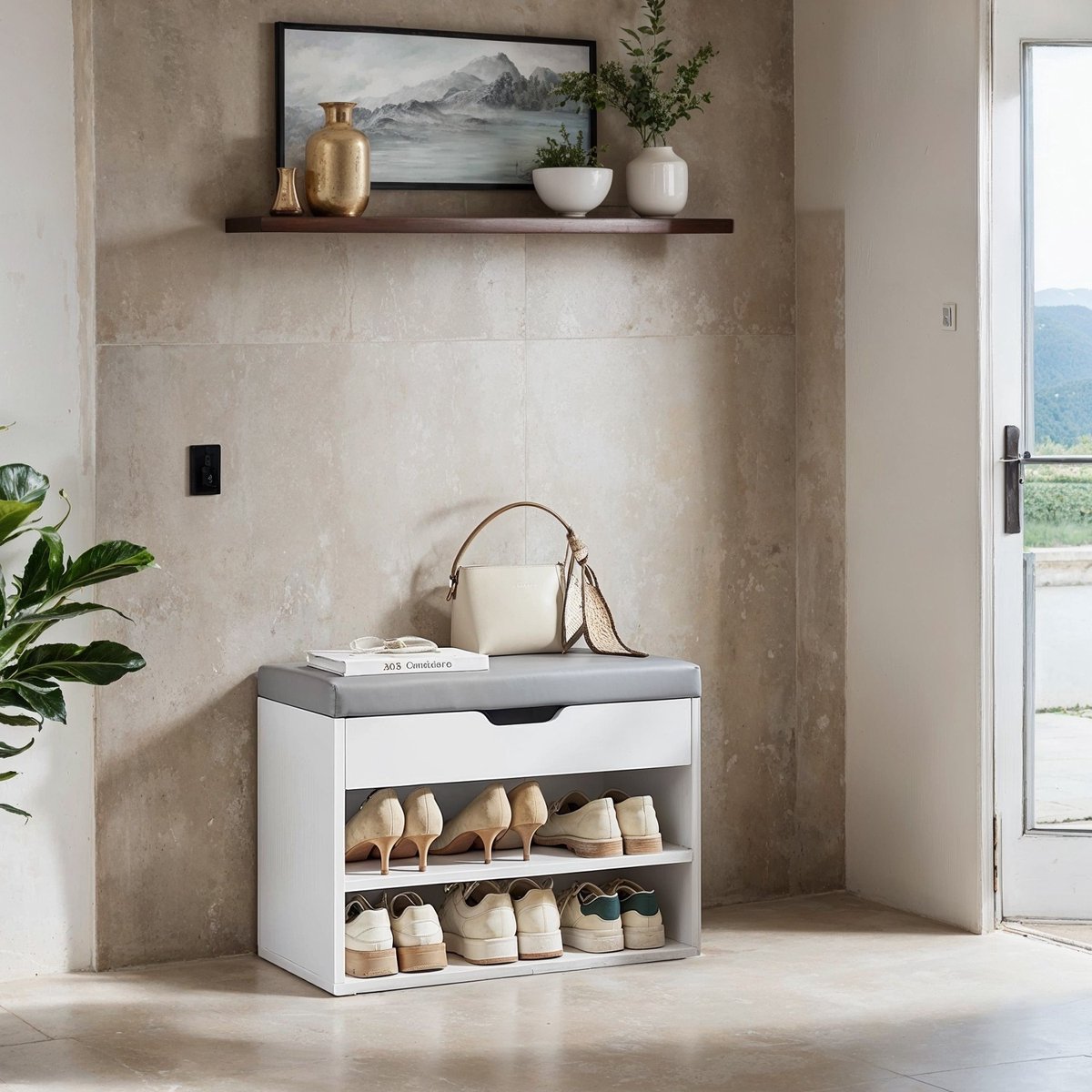 Schoenenbank met 3 niveaus, bank, schoenenrek met kussens (9502755739613)