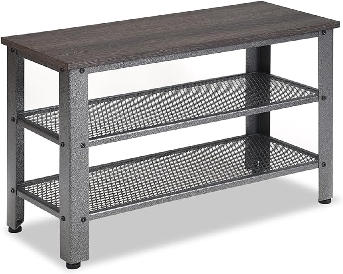 Schoenenbank met 3 niveaus en zitting - Schoenenrek met 2 roosterplanken, metalen en houten frame, 4 voetsteunen (5487571670798)
