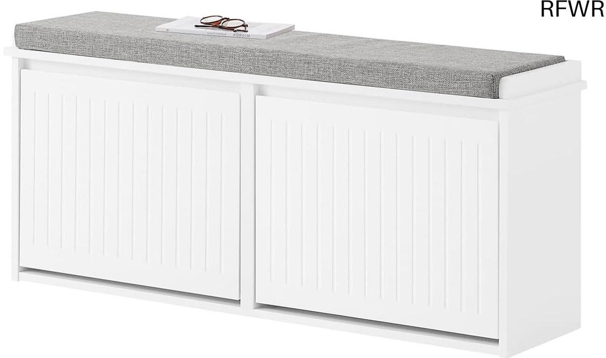 Schoenenbank met Gevoerde Zitting en 2 Kleppen - Ruimtebesparende Schoenenkast 100 x 26 x 46 cm - Wit (9101066953475)