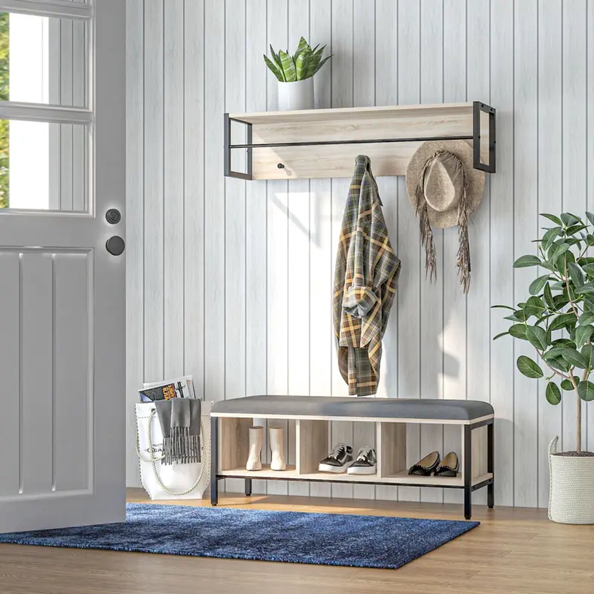 Schoenenbank met Opbergruimte & Kapstok - 2-in-1 Entree Meubelset - Natuurlijk/Zwart - Comfortabel Kussen (8785309870050)