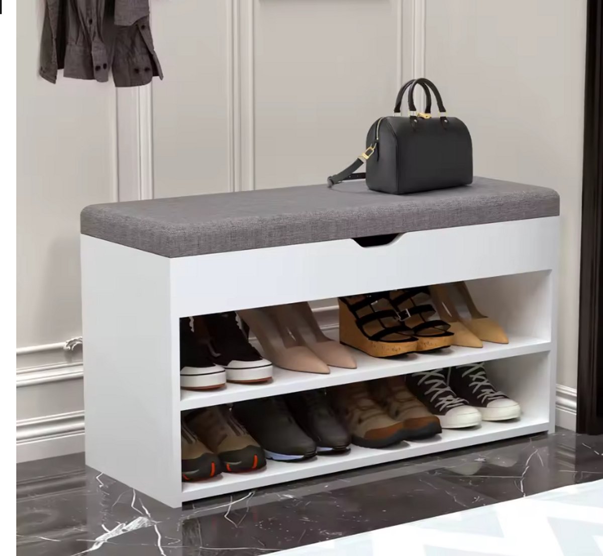 Schoenenbank met Opbergruimte en Zitkussen - 80x30x44 cm - Schoenenrek met Zitting - Wit - Modern & Praktisch - Opbergkast voor Hal of Slaapkamer (8721381160337)