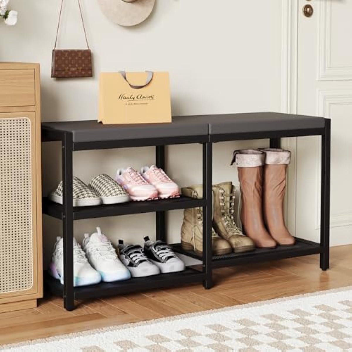 Schoenenbank met Zitting & Opbergruimte - Metaal/Hout - Zwart - 90×30×43 cm - 150 kg Draagkracht (8785341267429)
