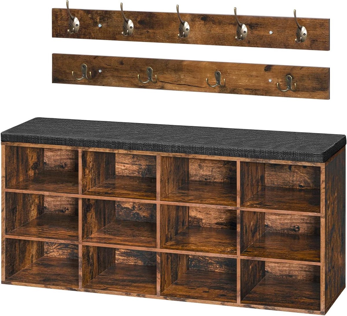 Schoenenbank met kussen voor entree - Hal boom met kapstok - 12 cubbies - Max. 350 kg - Schoenenrek voor slaapkamer/hal - Rustiek bruin (6153207861845)