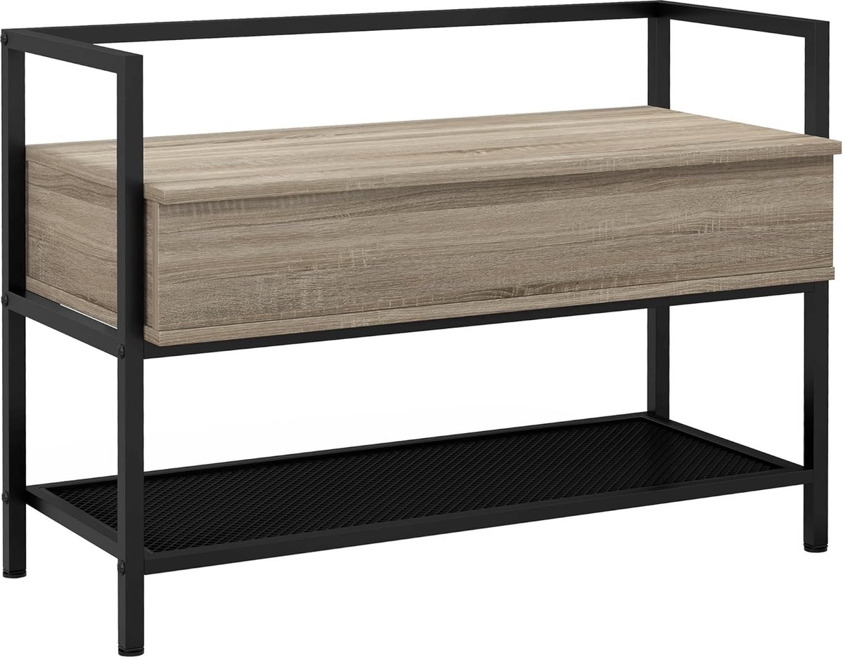 Schoenenbank, opbergkast, entreebank met plank en verborgen vak met klapdeksel, van hout, afmetingen: 84 x 39,5 l x 61 h cm, eiken en zwart (8785291981925)