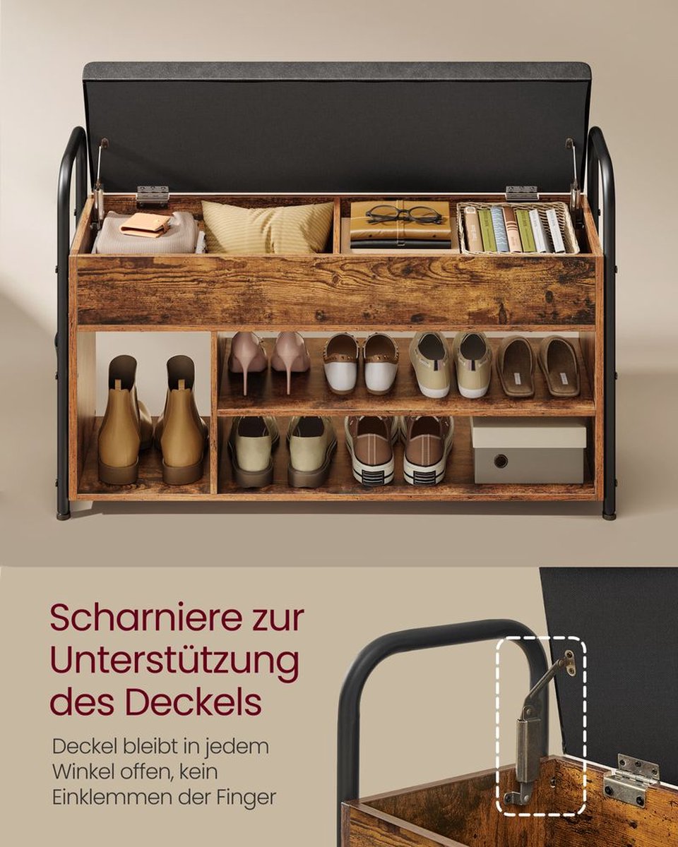Schoenenbank - schoenenrek met binnenopslag - met organizer - rustiek bruin en zwart - 30 x 100.6 x 62.5 cm (9505867349510)