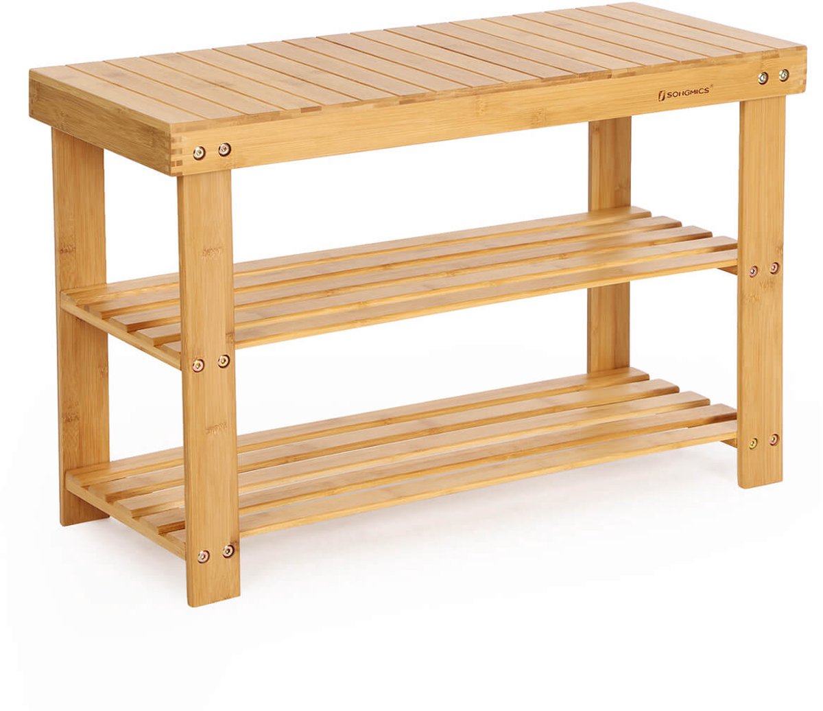 Schoenenbank schoenenrek opbergrek staande opberger met 3 open planken duurzaam en gemakkelijk schoon te maken gestreept design mooi geschikt voor hal badkamer woonkamer slaapkamer en gang 70 x 28 x 45 cm naturel (4255901403023)