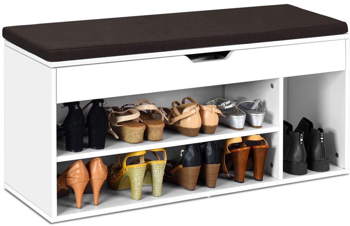 Schoenenbank voor 7 Paar, 3 Planken en 1 Opbergdoos, Inclusief Afneembaar Kussen, MDF, 104×30×48 cm, Wit (5487571408636)
