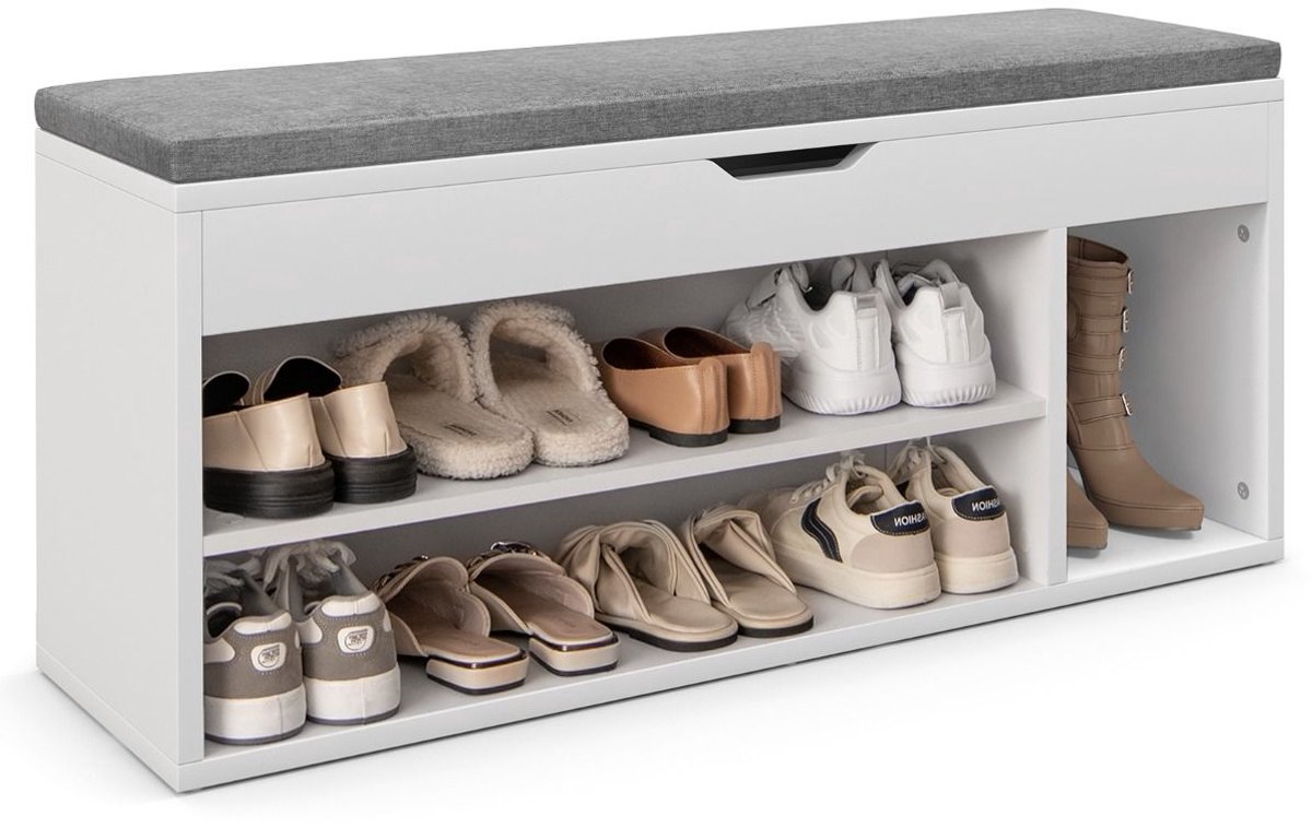 Schoenenbank voor 7 Paar Schoenen, 3 Planken en 1 Opbergvak, Afneembaar Kussen, MDF, 104×30×48 cm, Grijs (5487571408629)